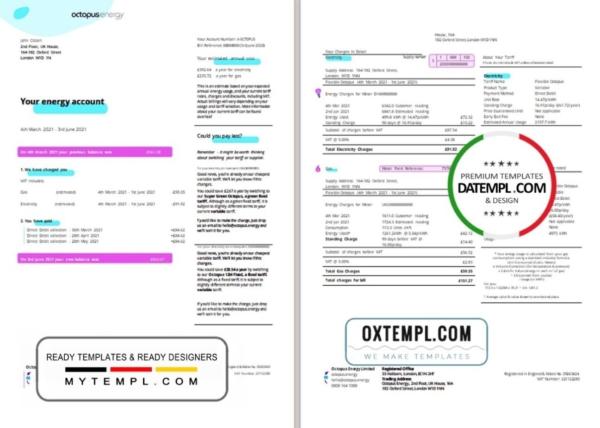 editable template, United Kingdom Octopus Energy utility bill template in Word and PDF format, 3 pages