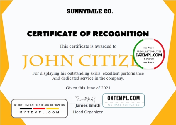 editable template, USA Recognition in Performance certificate template in Word and PDF format