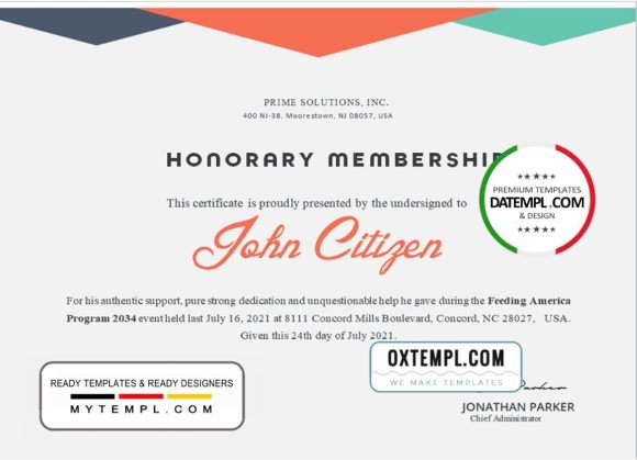editable template, USA Honorary certificate template in Word and PDF format