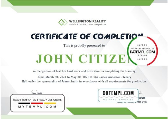 editable template, USA Completion certificate template in Word and PDF format, version 2