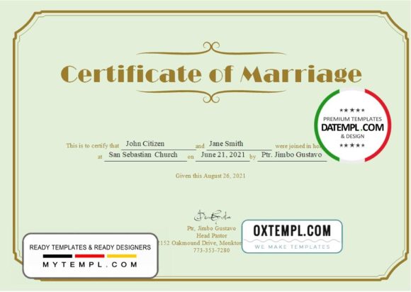 editable template, USA Marriage certificate template in Word and PDF format
