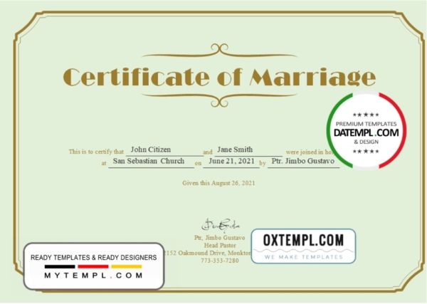 editable template, USA Marriage certificate template in Word and PDF format
