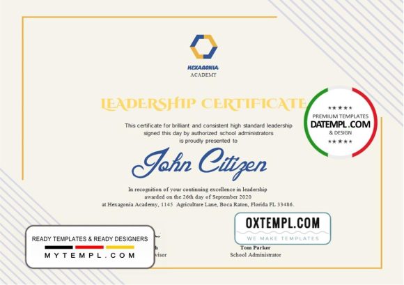 editable template, USA Leadership certificate template in Word and PDF format