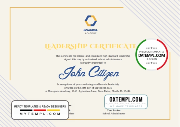 editable template, USA Leadership certificate template in Word and PDF format