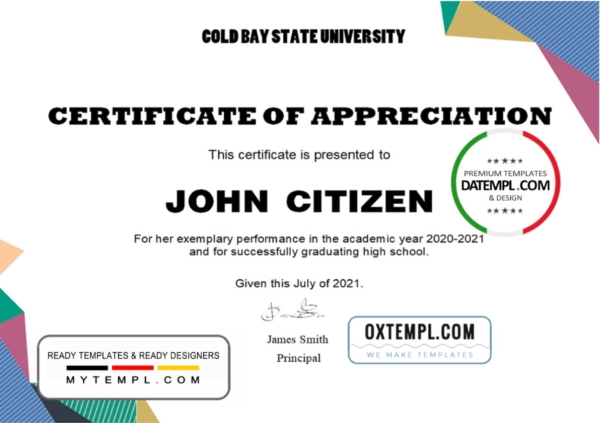 editable template, USA Graduation Appreciation certificate template in Word and PDF format