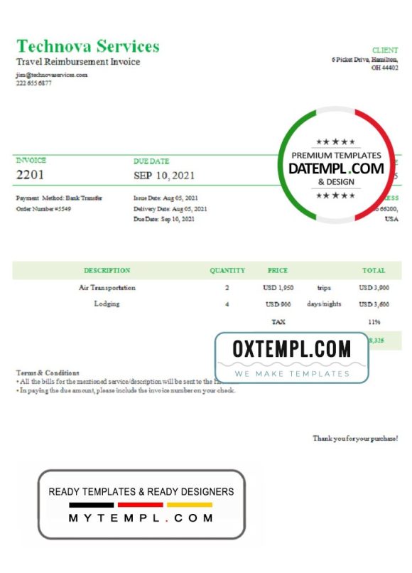 editable template, USA Technova Services invoice template in Word and PDF format, fully editable