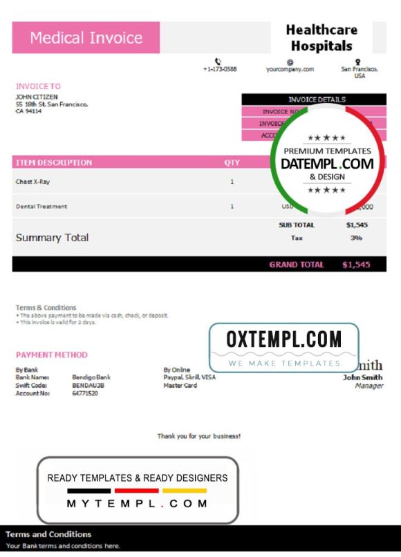editable template, USA Healthcare Hospitals invoice template in Word and PDF format, fully editable