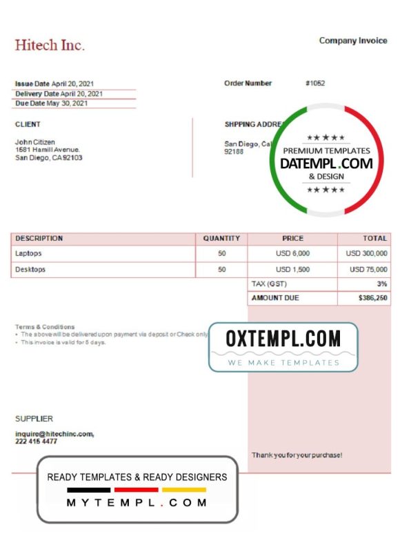 editable template, USA Hitech Inc. invoice template in Word and PDF format, fully editable