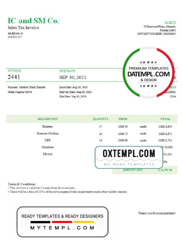 editable template, USA IC and SM Co. invoice template in Word and PDF format, fully editable