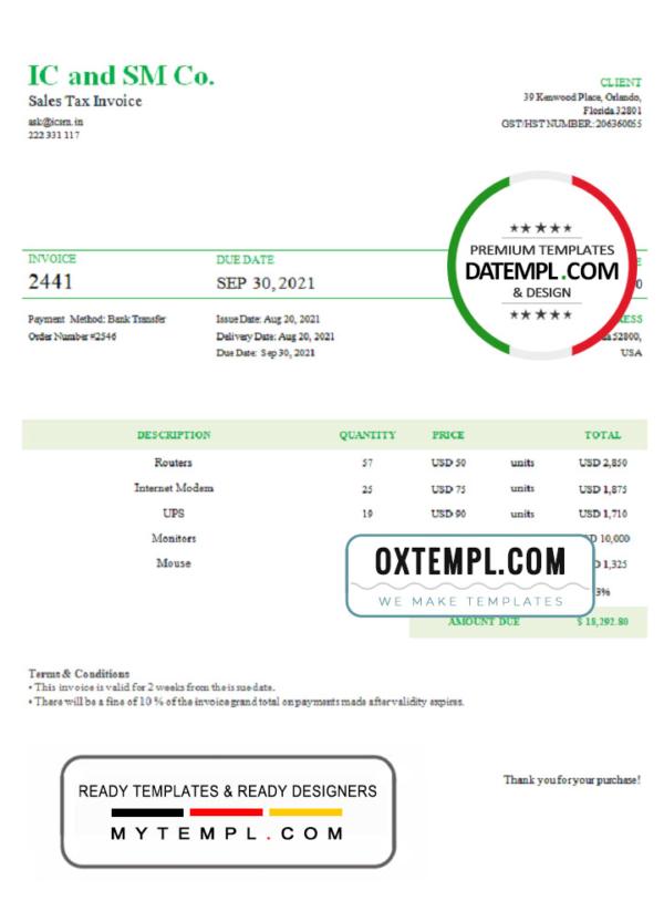 editable template, USA IC and SM Co. invoice template in Word and PDF format, fully editable