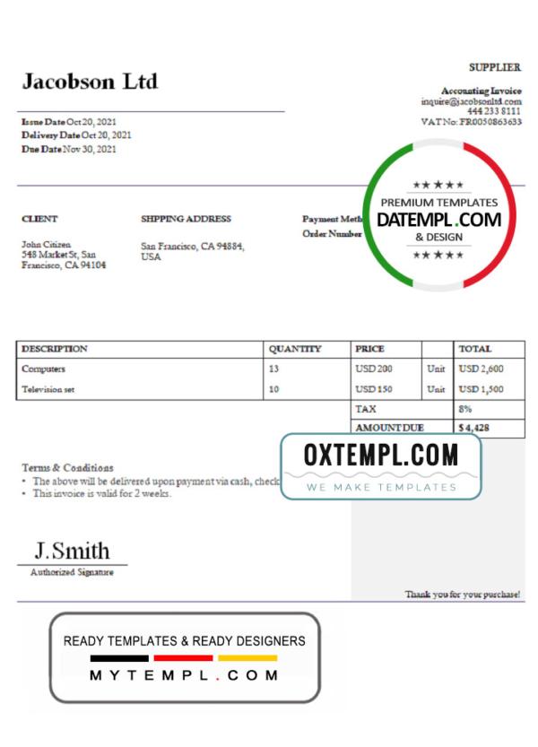 editable template, USA Jacobson Ltd invoice template in Word and PDF format, fully editable