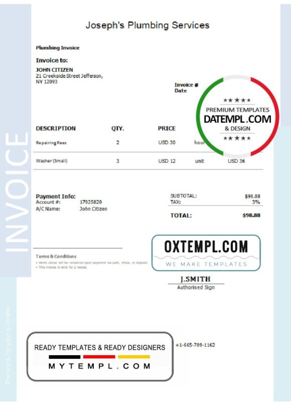editable template, USA Joseph's Plumbing Services invoice template in Word and PDF format, fully editable