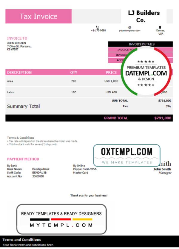 editable template, USA LJ Builders Co. invoice template in Word and PDF format, fully editable