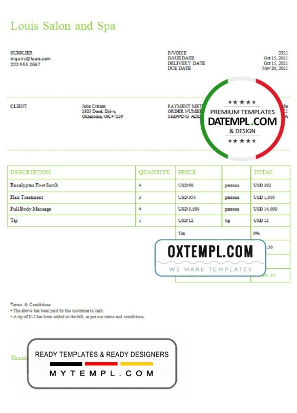 editable template, USA Louis Salon and Spa invoice template in Word and PDF format, fully editable
