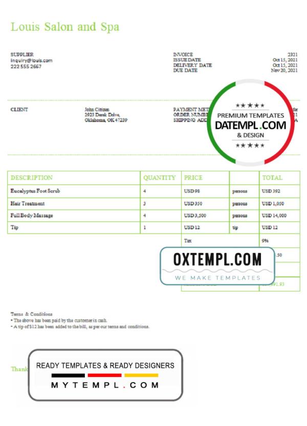 editable template, USA Louis Salon and Spa invoice template in Word and PDF format, fully editable