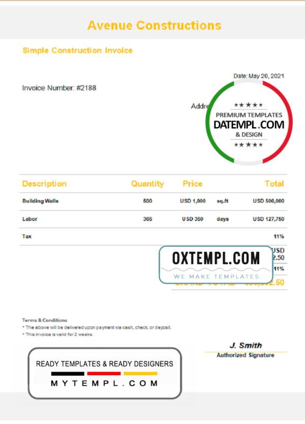 editable template, USA Avenue Constructions invoice template in Word and PDF format, fully editable