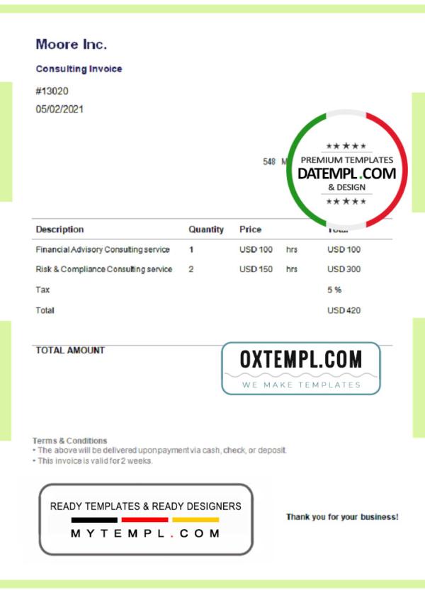 editable template, USA Moore Inc. invoice template in Word and PDF format, fully editable