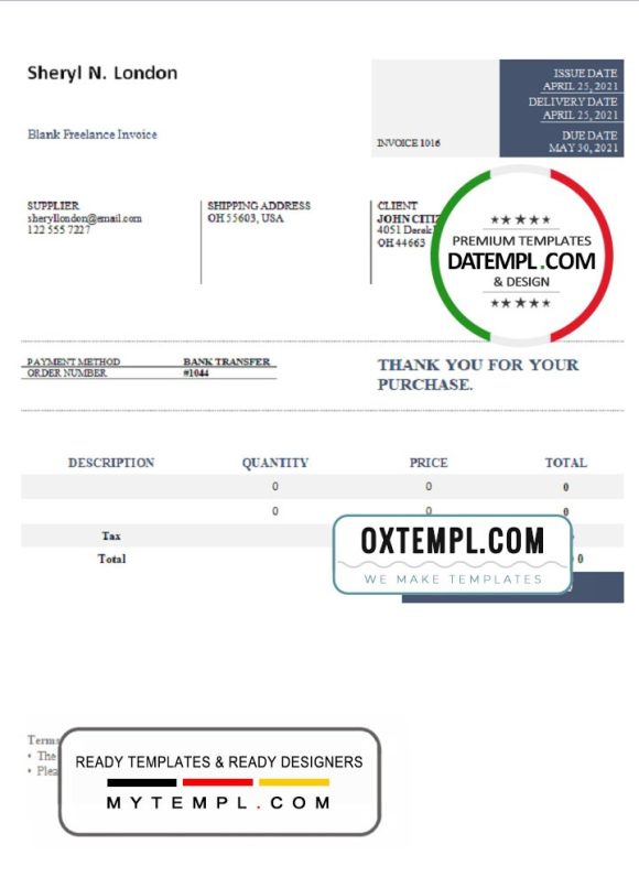 editable template, USA Sheryl N. London invoice template in Word and PDF format, fully editable