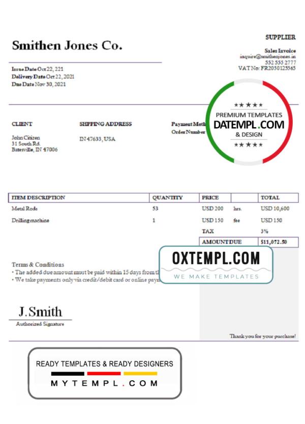 USA Smithen Jones Co. invoice template in Word and PDF format, fully editable
