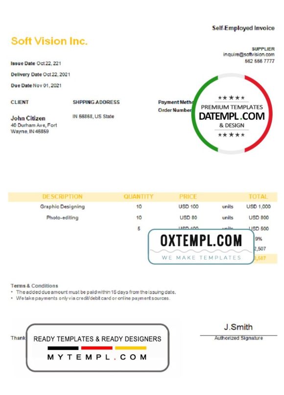 editable template, USA Soft Vision Inc. invoice template in Word and PDF format, fully editable