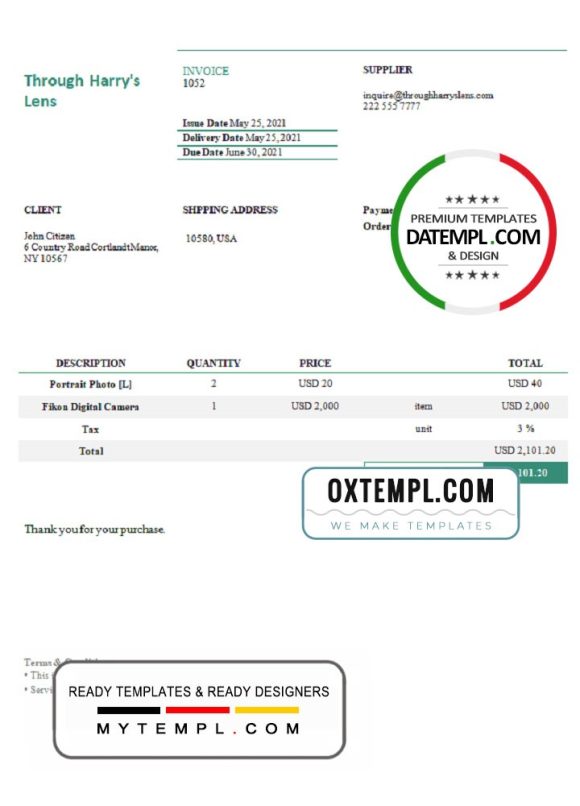 editable template, USA Through Harry's Lens invoice template in Word and PDF format, fully editable