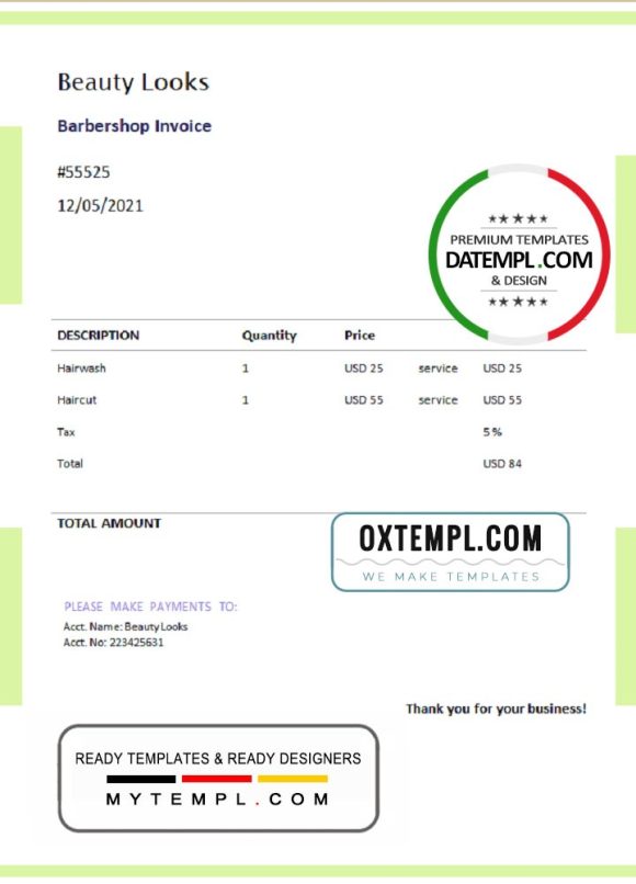 editable template, USA Beauty Looks invoice template in Word and PDF format, fully editable