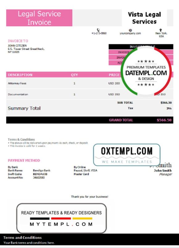 editable template, USA Vista Legal Services invoice template in Word and PDF format, fully editable