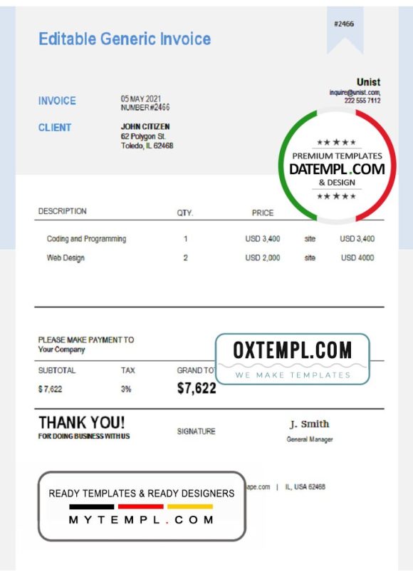 editable template, USA Unist invoice template in Word and PDF format, fully editable