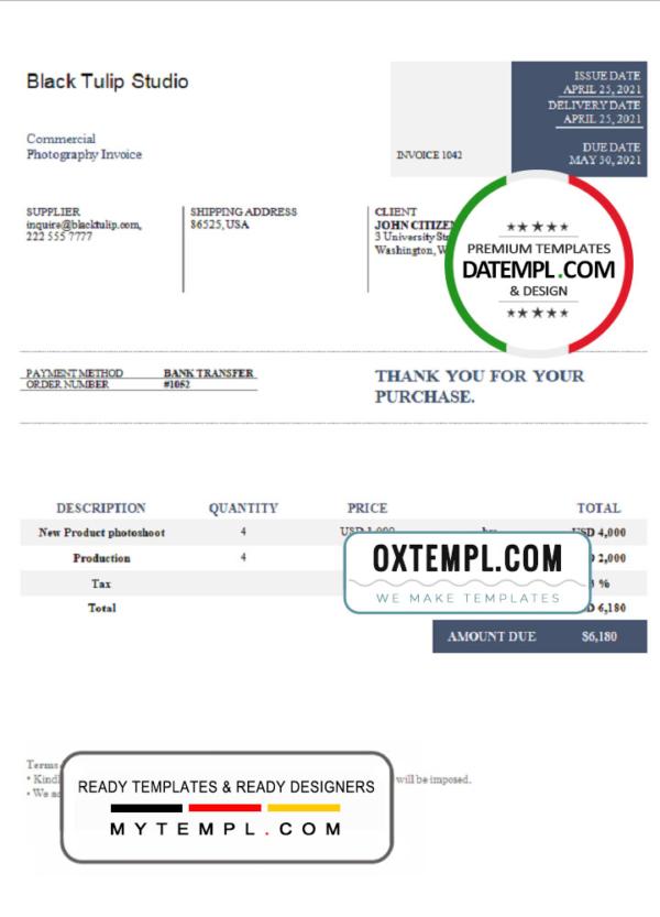 editable template, USA Black Tulip Studio invoice template in Word and PDF format, fully editable