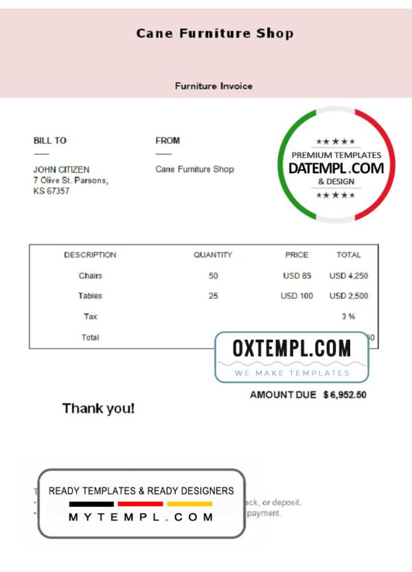 editable template, USA Cane Furniture Shop invoice template in Word and PDF format, fully editable