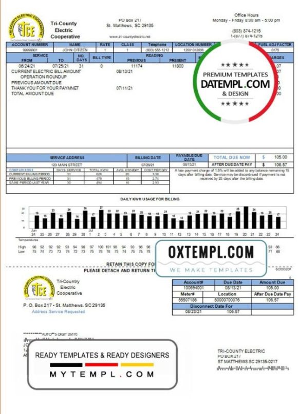 editable template, USA Tri-County Electric Cooperative utility bill template in Word and PDF format