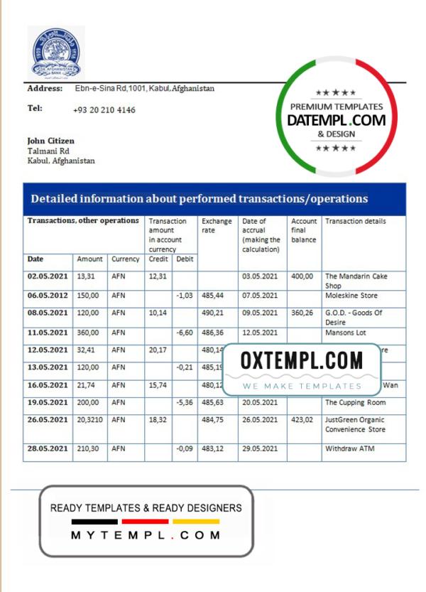 editable template, Afghanistan Da Afghanistan Bank (DAB) bank statement template in Word and PDF format