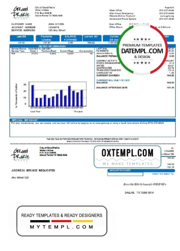 editable template, USA Texas Grand Prairie utility bill template in Word and PDF format