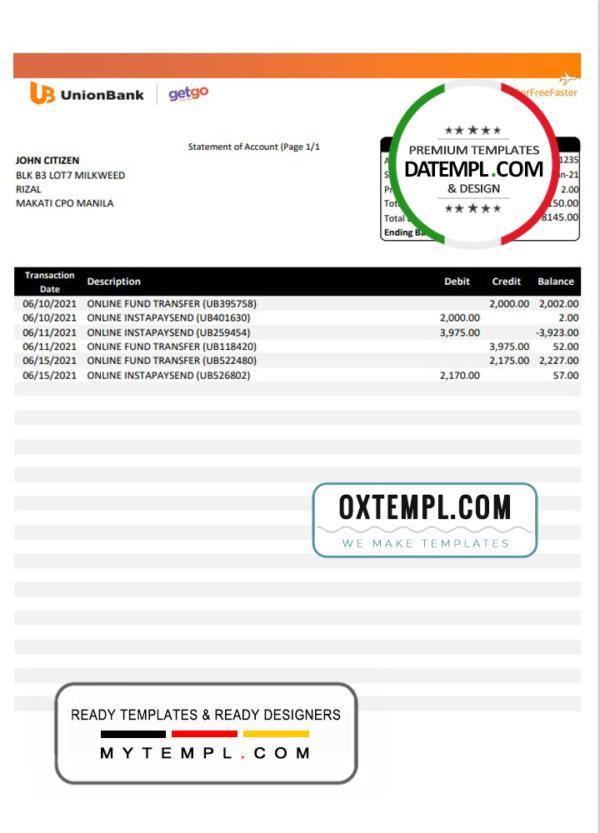 editable template, Philippines Unionbank bank statement template in Word and PDF format