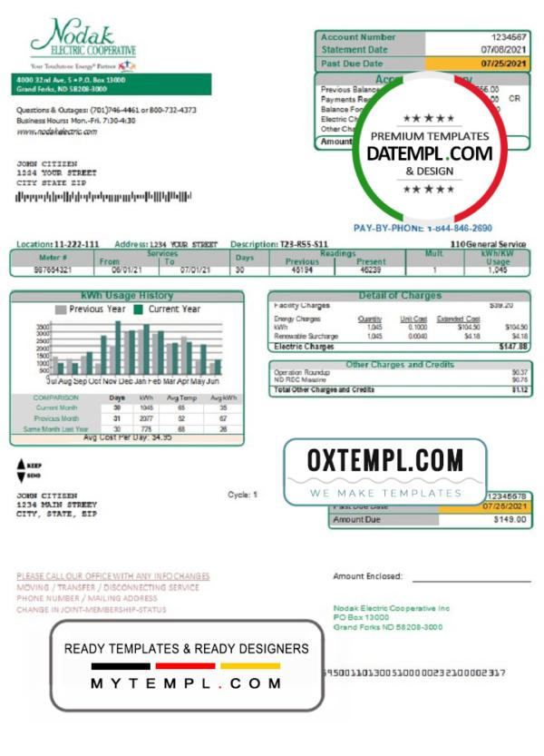 editable template, USA North Dakota Nodak Electric Cooperative utility bill template in Word and PDF format