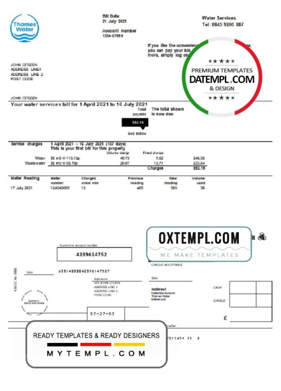 editable template, United Kingdom Thames Water utility bill template in Word and PDF format