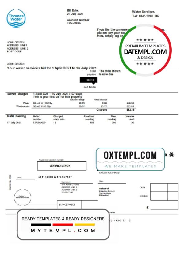 editable template, United Kingdom Thames Water utility bill template in Word and PDF format