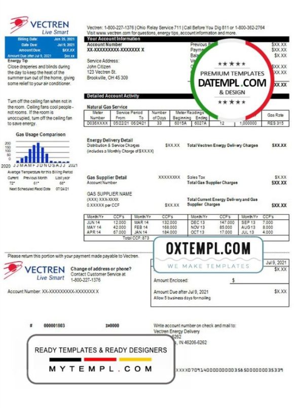 editable template, USA Ohio Vectren Energy utility bill template in Word and PDF format
