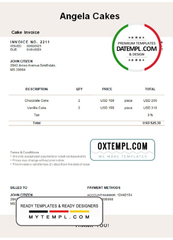 editable template, USA Angela Cakes invoice template in Word and PDF format, fully editable