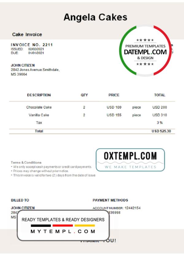 editable template, USA Angela Cakes invoice template in Word and PDF format, fully editable