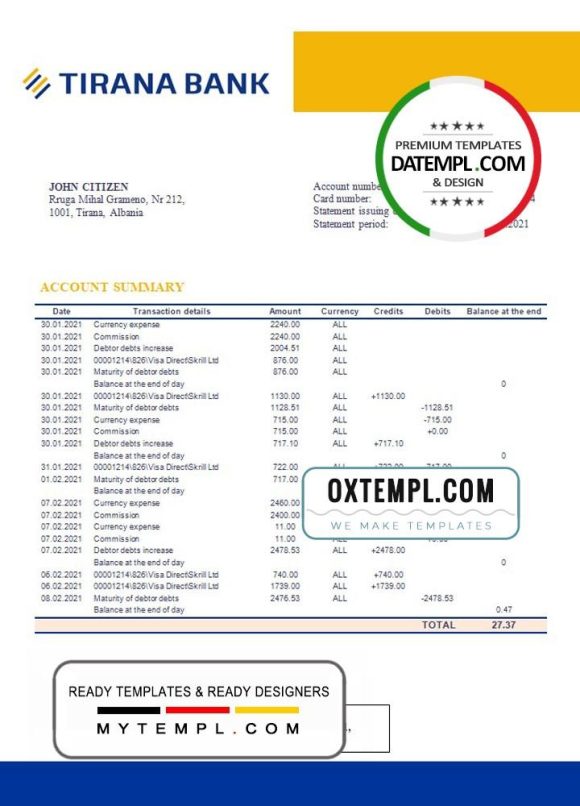 editable template, Albania Tirana bank statement template in .doc and .pdf format, fully editable