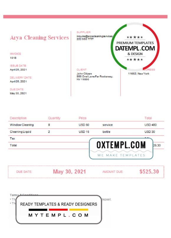 editable template, USA Arya Cleaning Services invoice template in Word and PDF format, fully editable