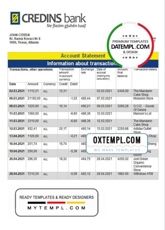 editable template, Albania Credins Bank statement template in Word and PDF format