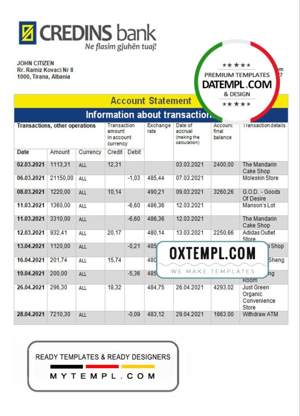Albania Credins Bank statement template in Word and PDF format