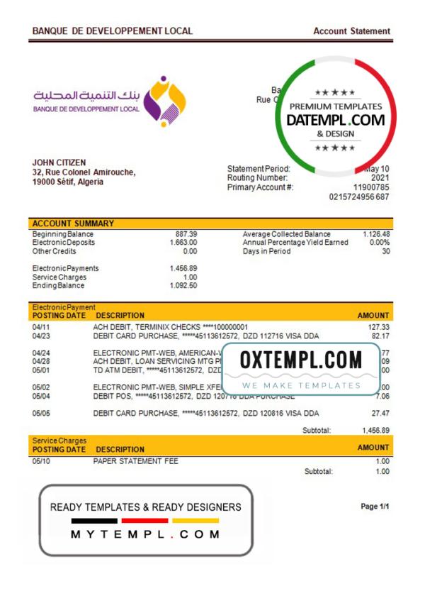 editable template, Algeria Banque de Developpement Local (BDL) bank account statement template in Word and PDF format