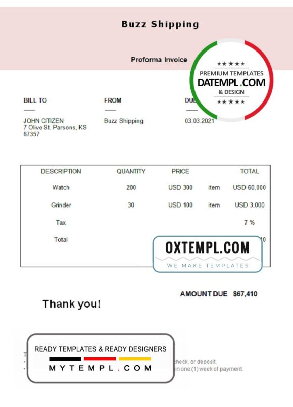 editable template, USA Buzz Shipping invoice template in Word and PDF format, fully editable