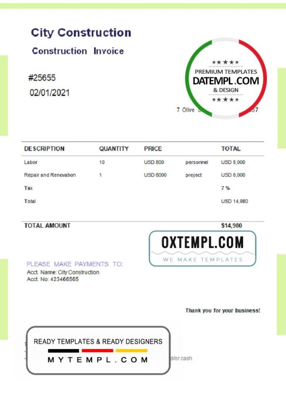 editable template, USA City Construction invoice template in Word and PDF format, fully editable