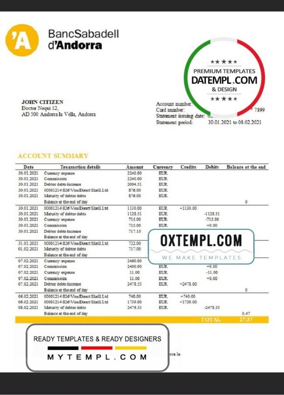 editable template, Andorra BancSabadell d'Andorra bank statement template in Word and PDF format