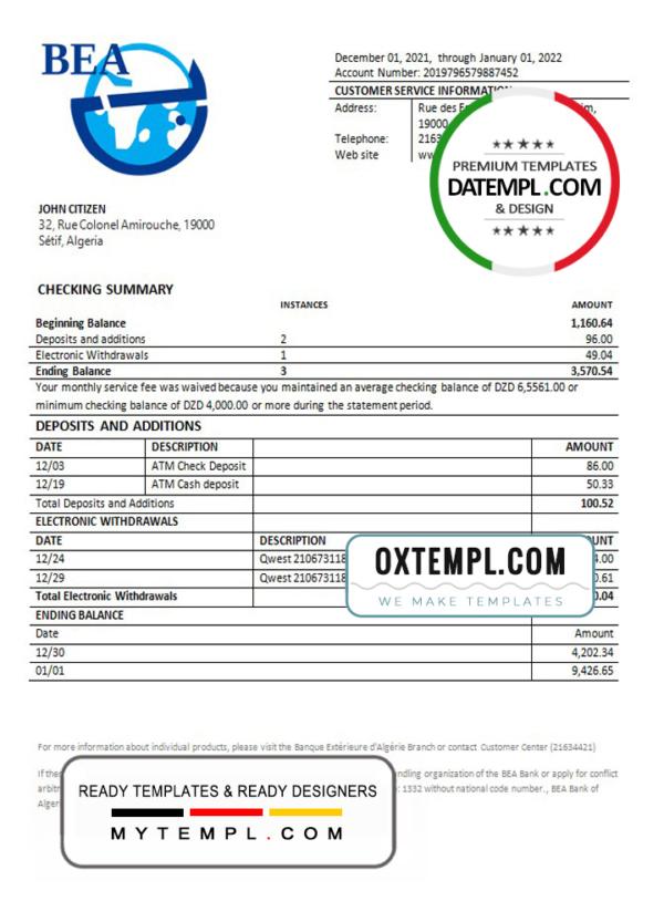 editable template, Algeria Banque extérieure d'Algérie bank statement template in Word and PDF format