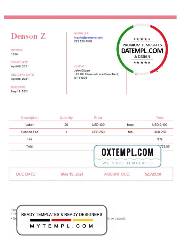 editable template, USA Denson Z invoice template in Word and PDF format, fully editable